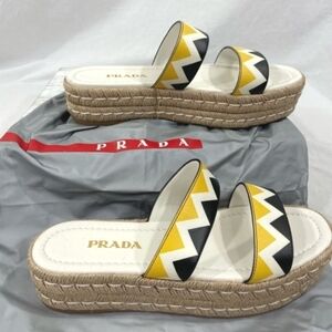 PRADA Zigzag Saffiano Leather Sandals Womens Platform Espadrille Slide Size 39